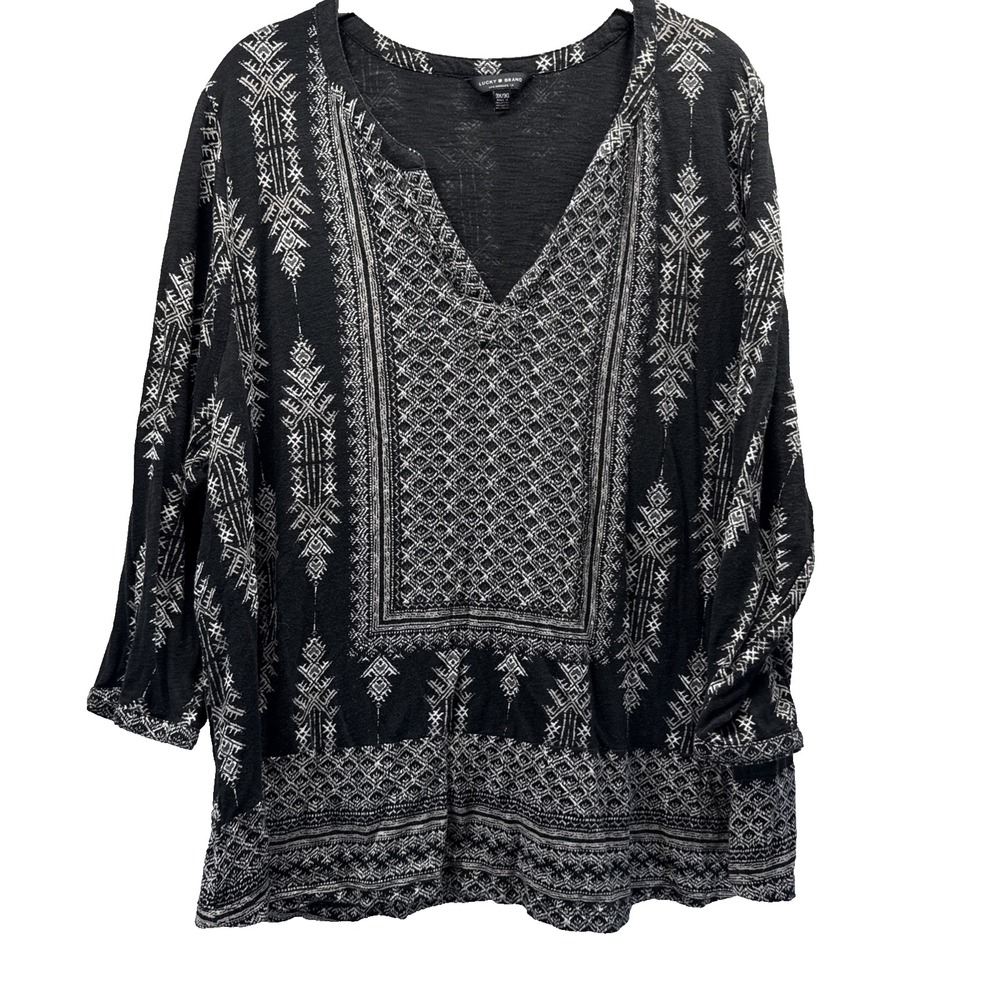 Lucky Brand Womens Top 3X Plus Black White 3/4 Sleeve Bohemian Pullover Blouse